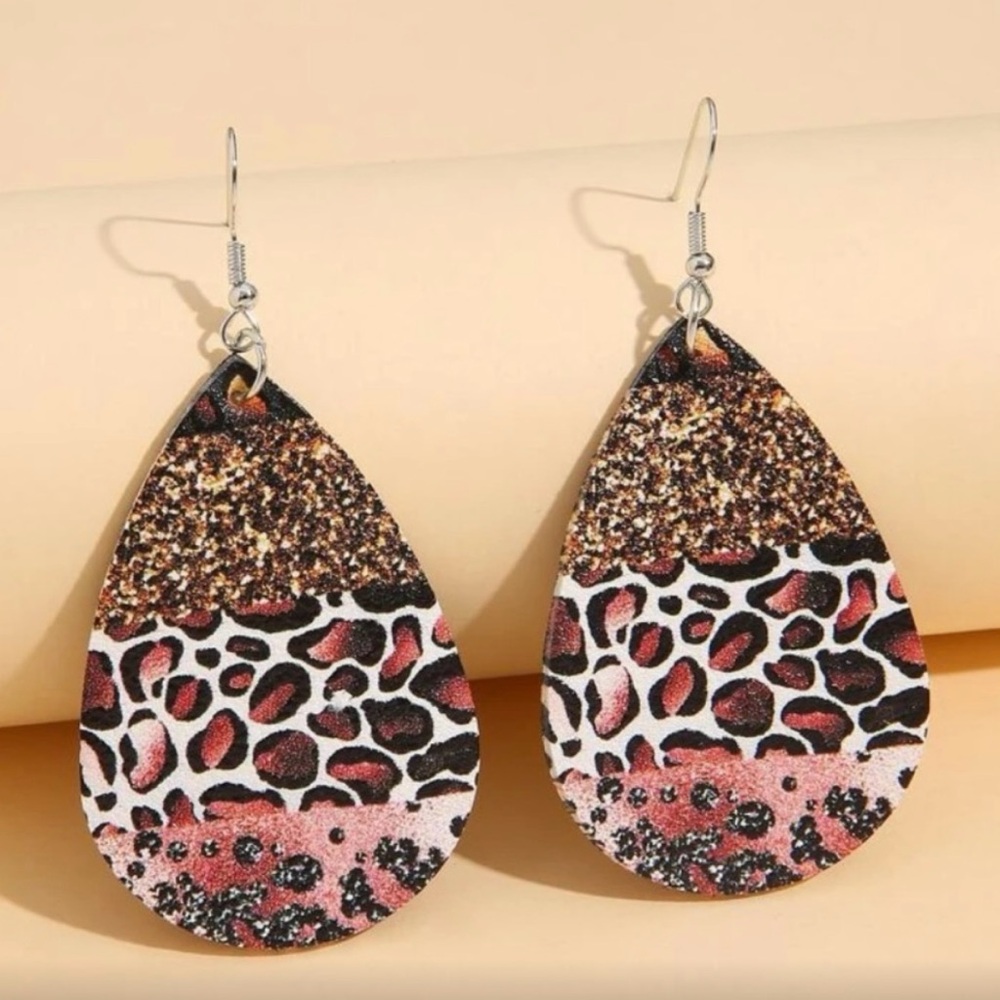 NEW Leather Leopard Print Teardrop Earrings